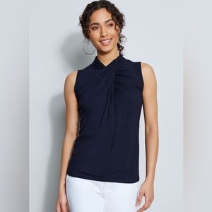 NWT Elie Tahari White Twisted Knit Mock Top Sleeveless Size Small Navy